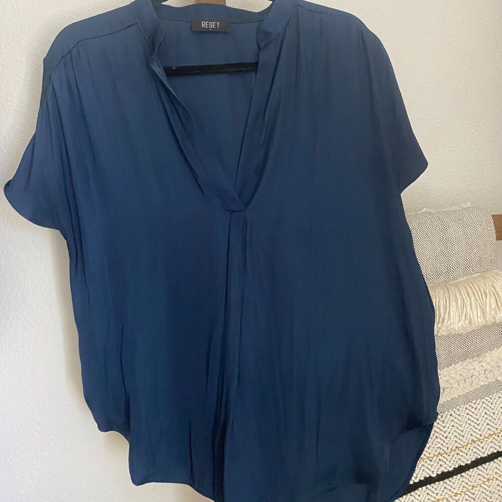 Navy Blue Satin V Neck Blouse